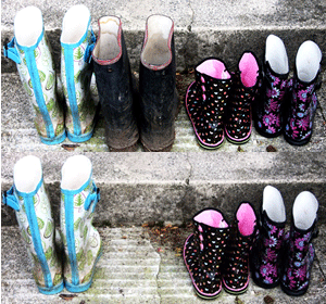 2 sets of family wellies: the secon pair reflecting one pair is missing